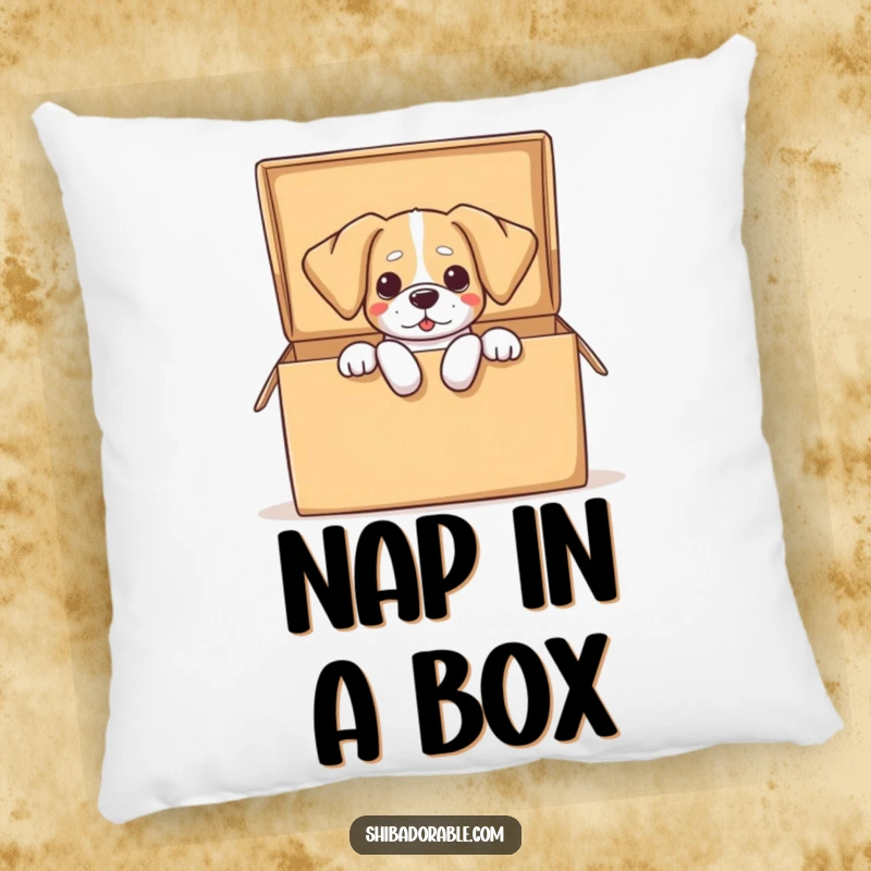 Funny dog pillow showing a dog wiggling out of a large open box, floppy ears emphasizing the humorous spill and playful energy.