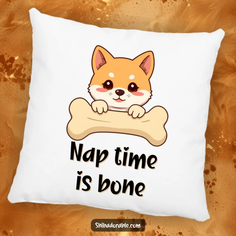 Funny Shiba Inu pillow showing a floppy-eared dog peeking over a large bone, offering comfort and humor.