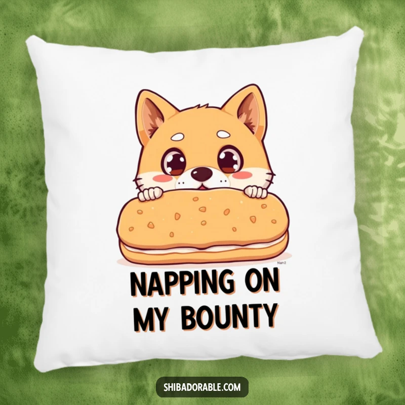 Funny Shiba Inu dog with wide surprised eyes peeking over a giant biscuit, a soft and humorous accent pillow.