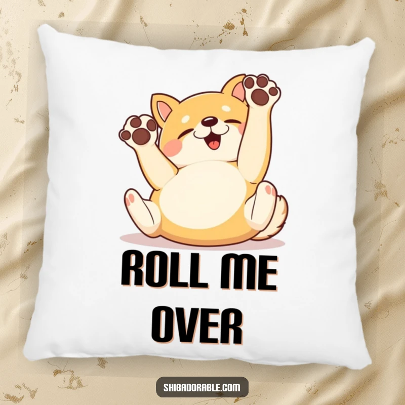 Funny Pillow with a happy Shiba Inu dog rolling on its back with paws in the air, offering comfort and playful charm.