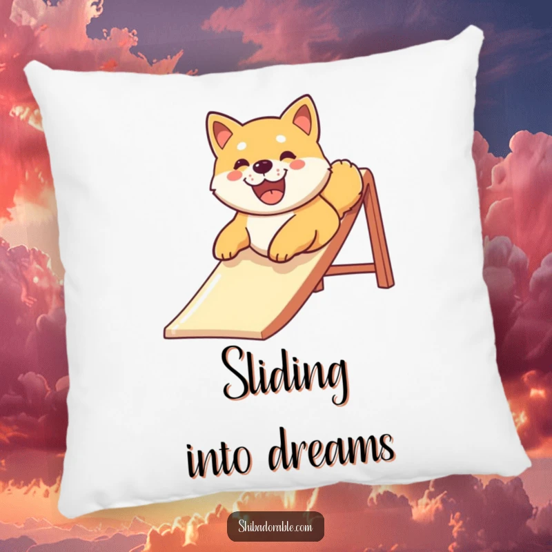 Funny Shiba Inu dog smiling widely while sliding down a slide, printed on a plush pillow, bringing cheerful canine vibes indoors.