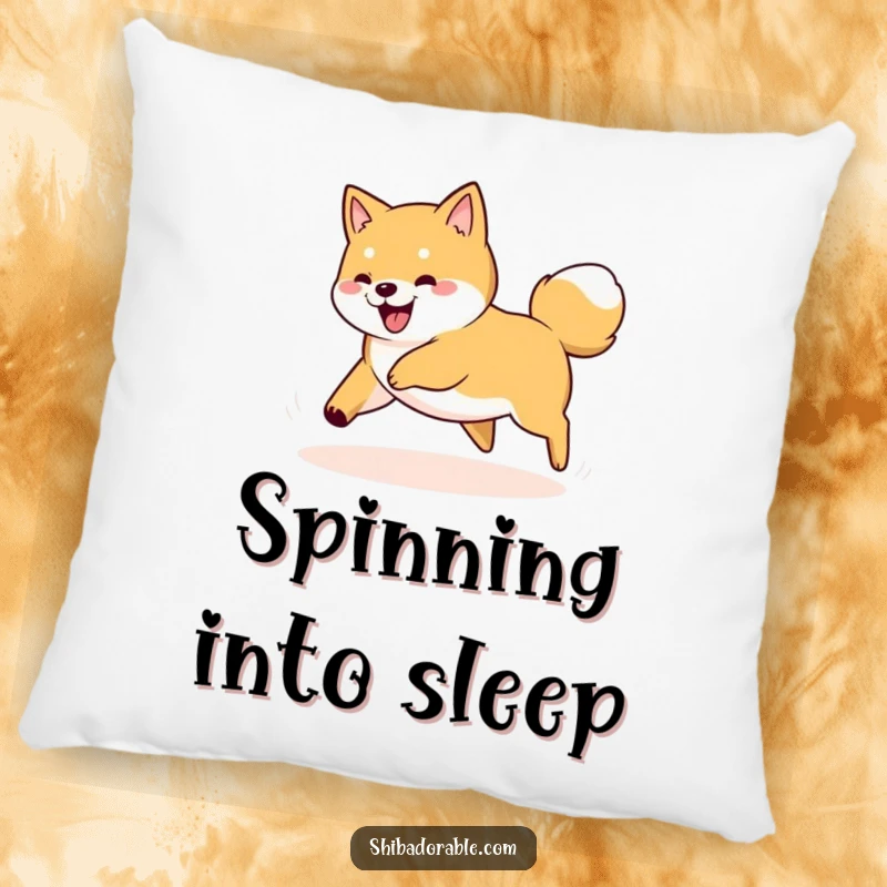Funny Shiba Inu dog spinning in a circle, playfully chasing its tail, printed on a comfortable and decorative pillow.