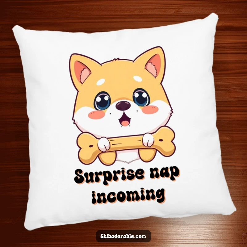 Funny surprised Shiba Inu pillow with a wide-eyed dog looking at a floating bone, perfect for cozying up.