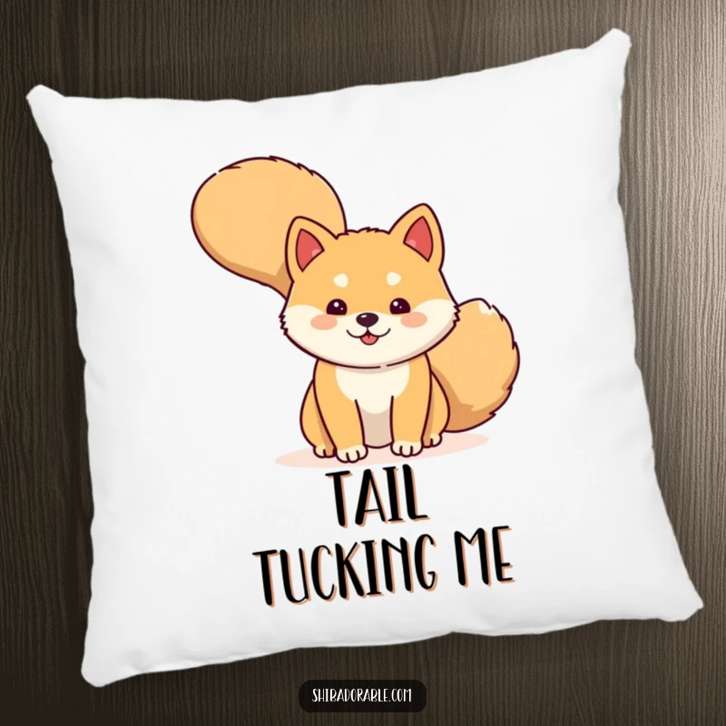 Funny Pillow with a shy Shiba Inu dog peeking from behind its wagging tail, offering comfort and playful charm.