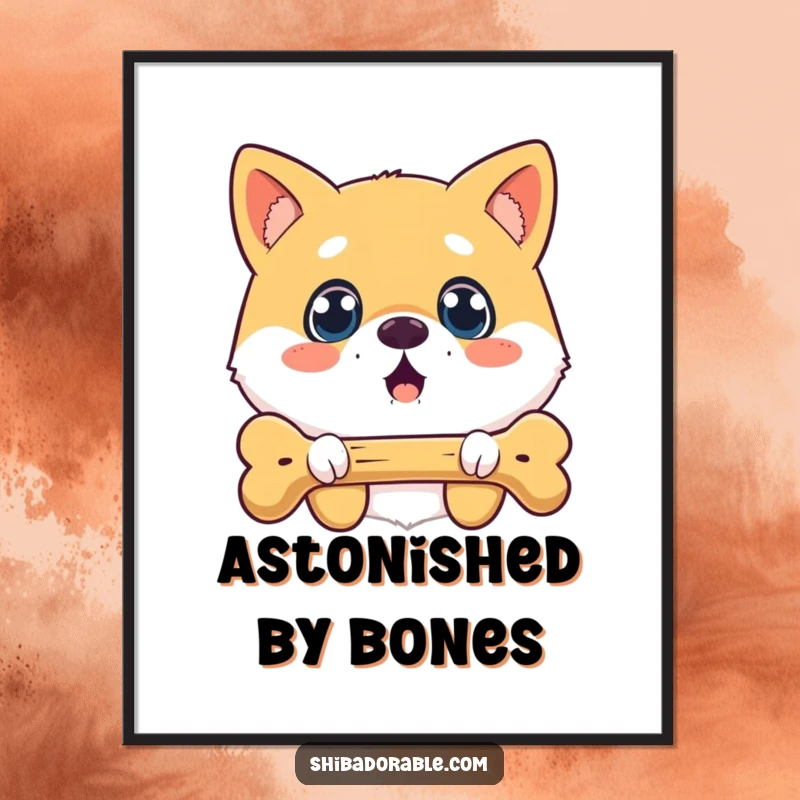 Funny surprised Shiba Inu digital art print of a wide-eyed dog looking at a floating bone, offering instant humorous decor.