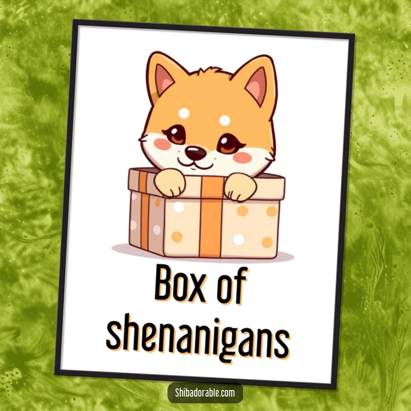 Funny Shiba Inu Digital Art Print: A Shiba Inu with a mischievous glint peeks from a gift box, a hilarious and charming digital artwork.