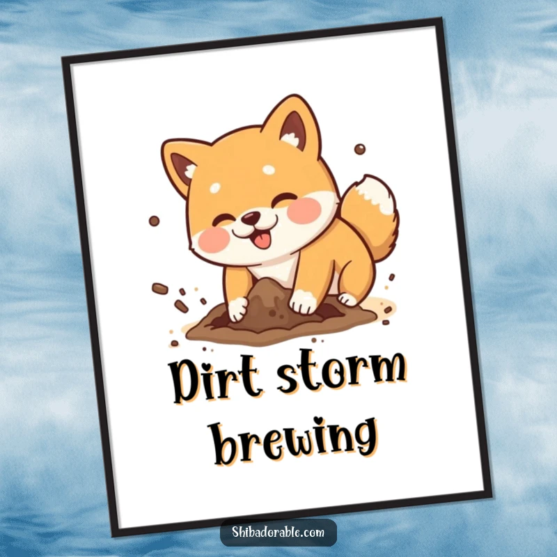 Funny Shiba Inu dog playfully digging a hole with dirt flying comically, a downloadable high-resolution digital artwork.