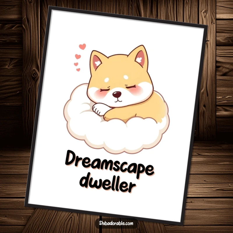 Funny Shiba Inu Cloud Digital Art Print depicting a serene, sleepy Shiba Inu dog nestled on a fluffy, ethereal cloud.