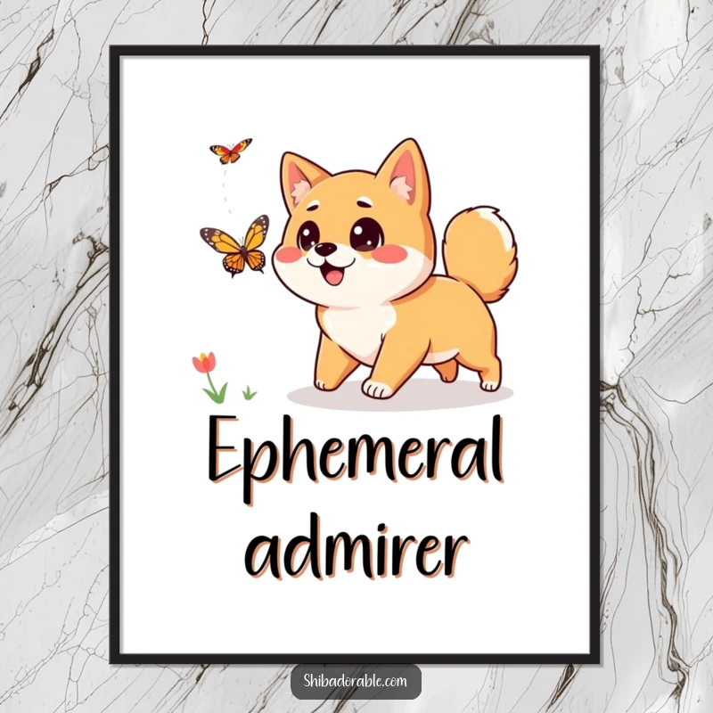Funny Shiba Inu Digital Art Print: A curious Shiba Inu with wide eyes chases a butterfly, a hilarious and charming digital artwork.