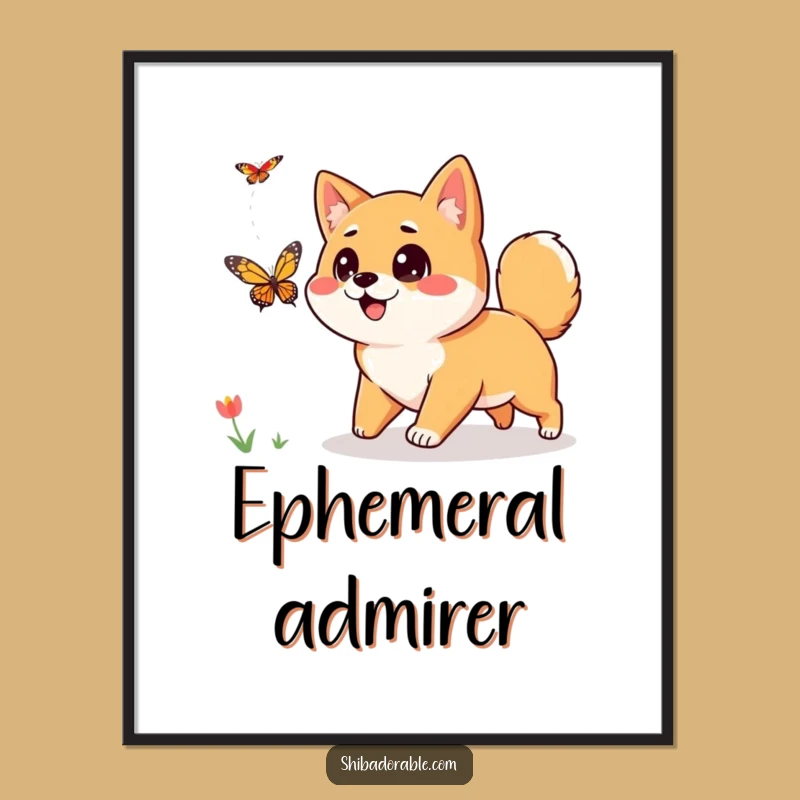 Funny Shiba Inu Digital Art Print: Whimsical Artwork of a Curious Dog Chasing a Butterfly