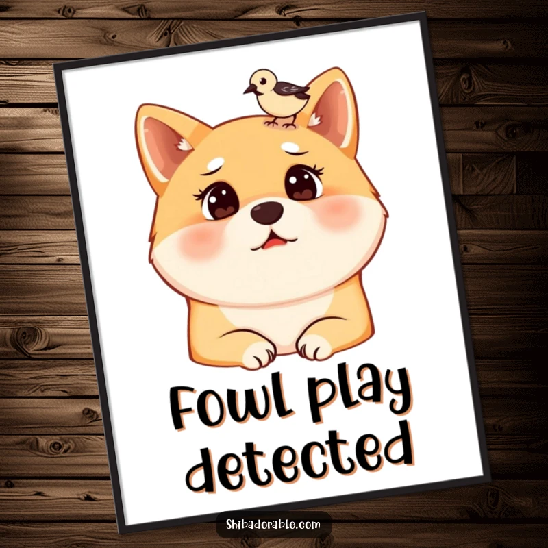 Funny digital art print of a surprised Shiba Inu dog with a bird landing on its head, a humorous and easily shareable image.