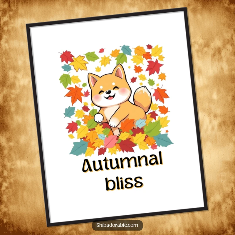 Funny Shiba Inu dog tumbling happily in a pile of colorful autumn leaves, presented as a digital art print for instant wall decor.