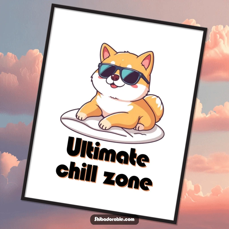 Funny Shiba Inu wearing sunglasses and lounging on a sunbeam, available as a downloadable digital art print for cool decor.