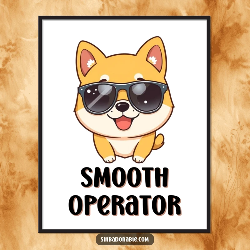 Funny Shiba Inu dog wearing sunglasses and winking playfully, presented as a digital art print for instant wall decor and cool humor.