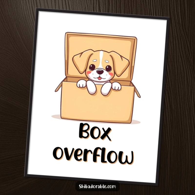 Funny dog digital art print showing a dog with floppy ears comically spilling out of a large open box, a symbol of joyful escape.