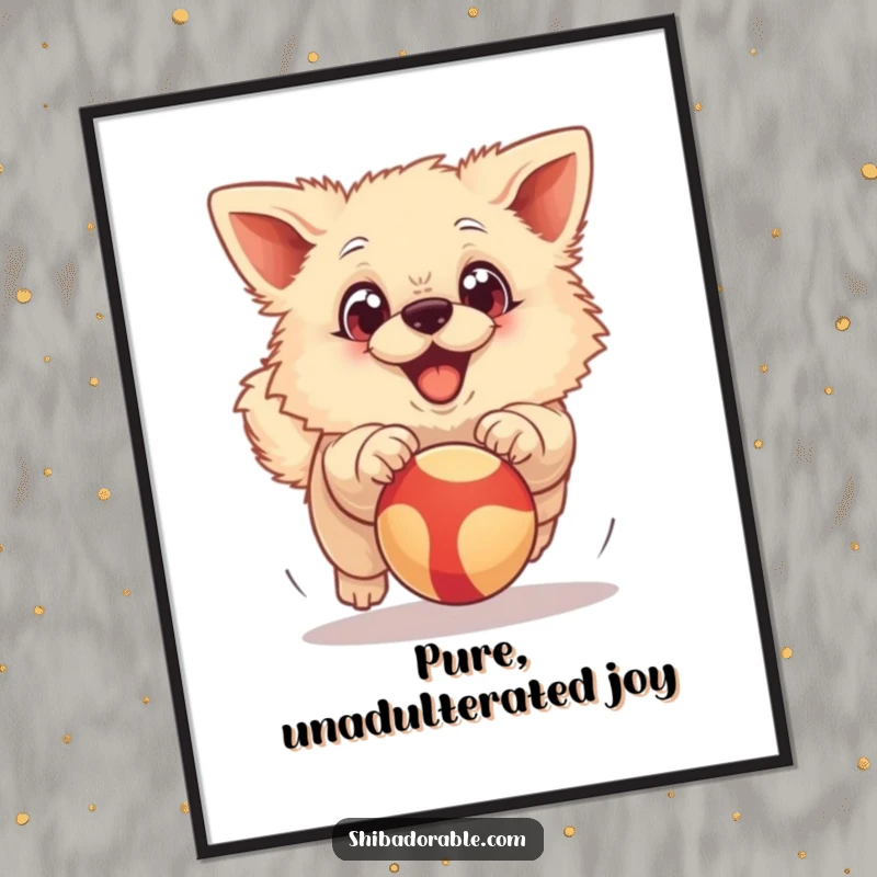 Funny Digital Art Print: A fluffy dog with exaggerated big eyes joyfully chasing a bouncing ball, capturing pure excitement.
