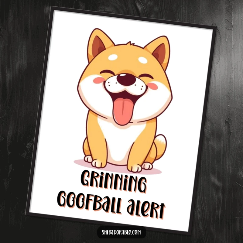 Funny Shiba Inu digital art print of a happy dog panting with a big, goofy grin, capturing pure canine joy.