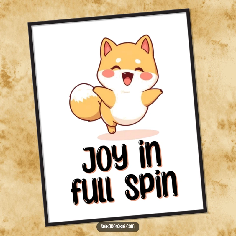 Funny happy Shiba Inu digital art print of a dog playfully chasing its tail in a circle, offering instant playful decor.