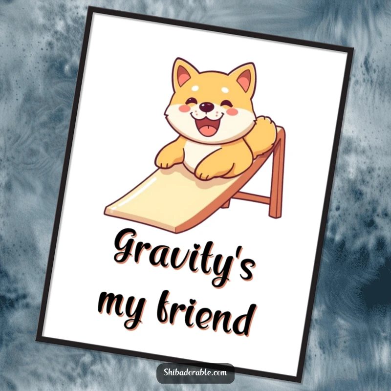 Funny Shiba Inu dog with a large smile sliding down a playground slide, presented as a digital art print for instant wall decor.