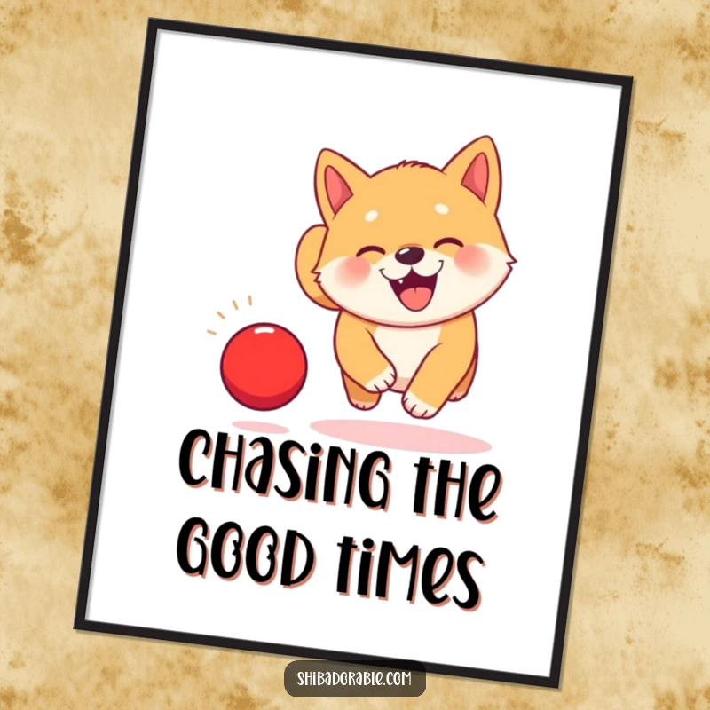 Funny Kawaii Shiba Inu puppy digital art print, capturing the moment it joyfully chases a bouncing red ball.