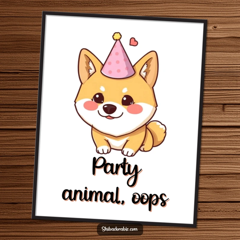Funny Shiba Inu digital art print of a dog wearing a tiny party hat and looking mischievous, capturing festive fun.