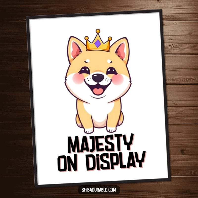 Funny, printable digital art of a Shiba Inu dog wearing a tiny crown and barking happily, perfect for instant wall decor.