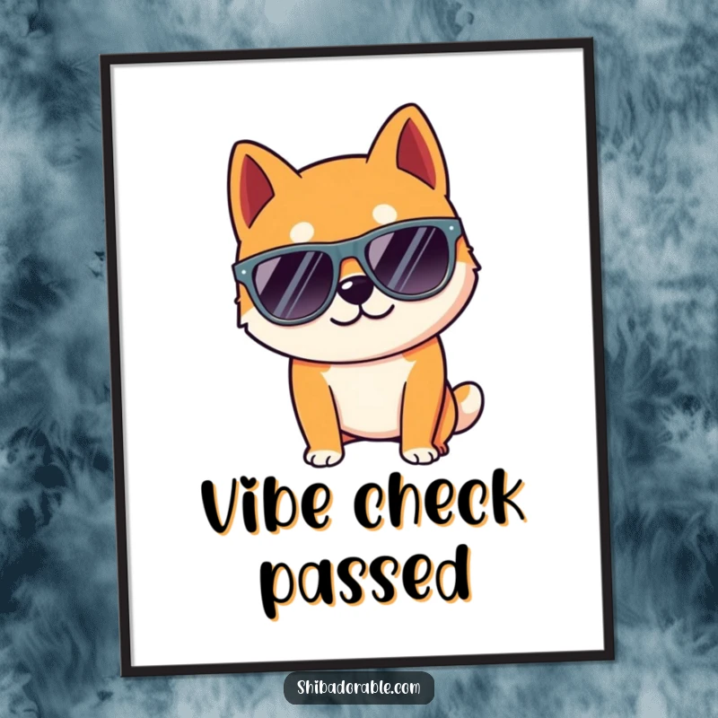 Funny Shiba Inu dog wearing oversized sunglasses, striking a cool pose. A digital artwork.