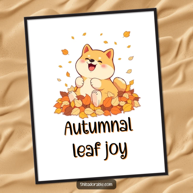 Funny Shiba Inu Digital Art Print: A joyful Shiba Inu rolls in autumn leaves, an illustration of pure seasonal happiness.