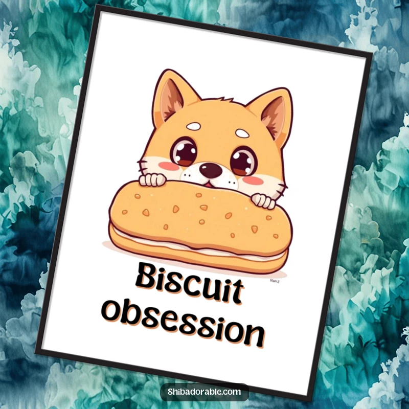 Funny Shiba Inu dog with wide surprised eyes peeking over a giant biscuit, a downloadable high-resolution digital artwork.