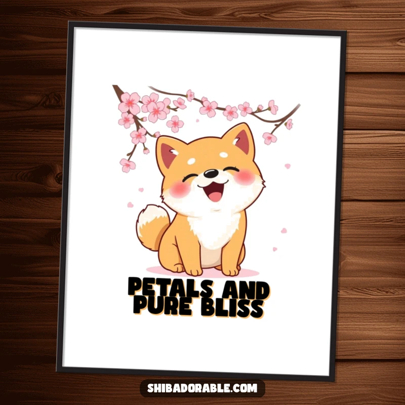 Funny Shiba Inu digital art print of a dog comically chasing falling cherry blossoms, for instant whimsical decor.