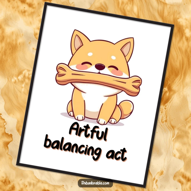 Funny, printable digital art of a Shiba Inu dog skillfully balancing a bone on its nose, perfect for unique wall decor.