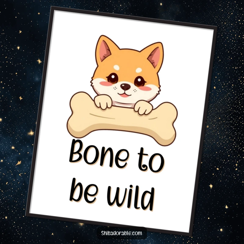 Funny Shiba Inu digital art print showing a floppy-eared dog peeking comically over a giant bone, for instant decor.