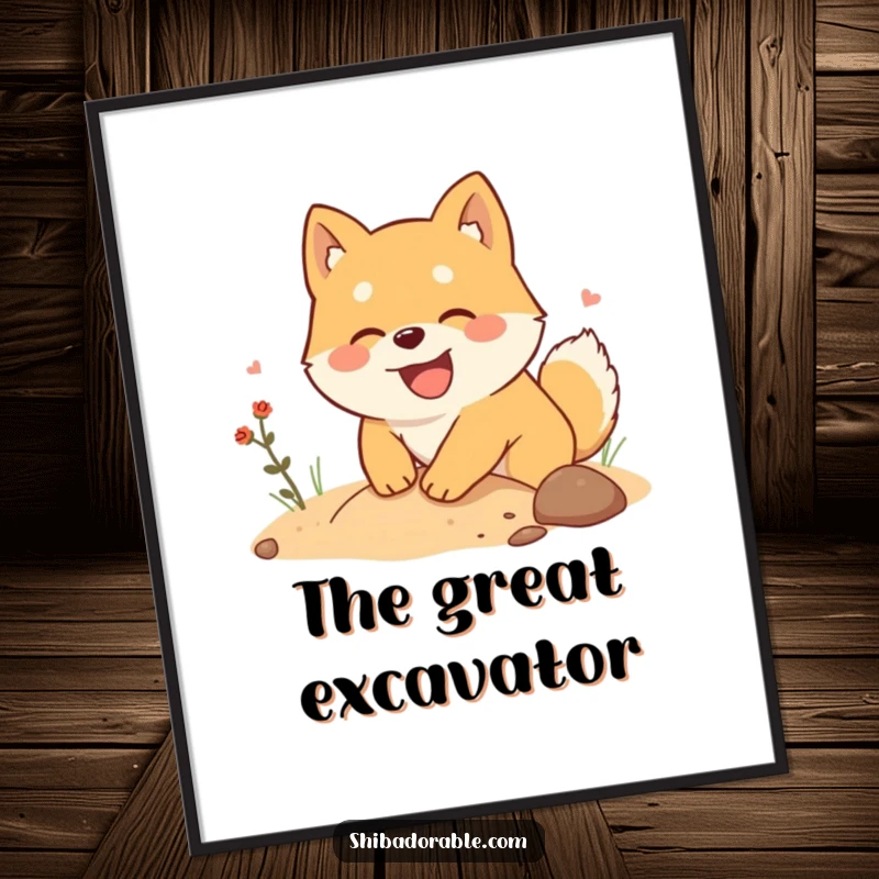 Funny Shiba Inu Digital Art Print: A Shiba Inu joyfully digs for imaginary treasure, a hilarious and charming digital artwork.