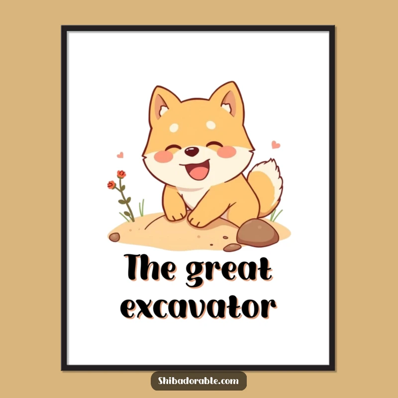 Funny Shiba Inu Digital Art Print: Whimsical Artwork of a Dog Digging for Treasure