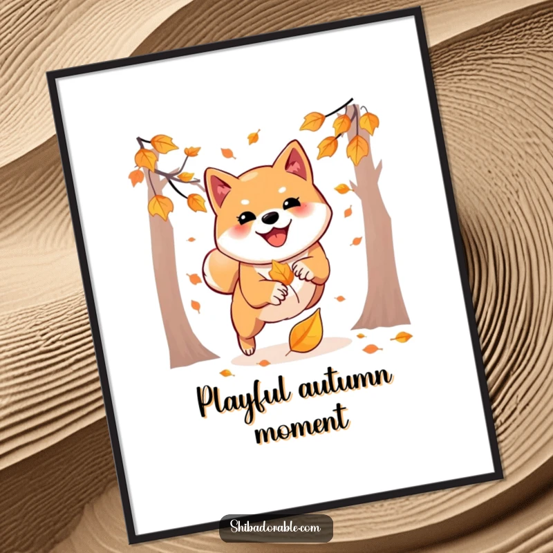 Funny digital art of a Shiba Inu playfully pouncing on an autumn leaf, offering instant seasonal charm and energy.
