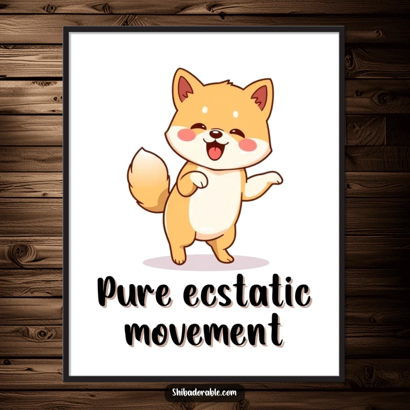 Funny digital art of a Shiba Inu doing a jig with its tail wagging furiously, offering instant playful energy.