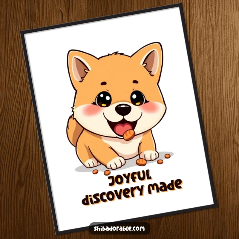 Funny digital art of a Shiba Inu with wide, surprised eyes delightedly finding a hidden treat, offering instant charm.