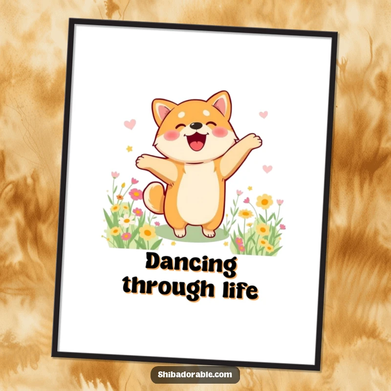 Funny Shiba Inu digital art print of a dog doing a silly happy dance in a flower field, for instant joy.