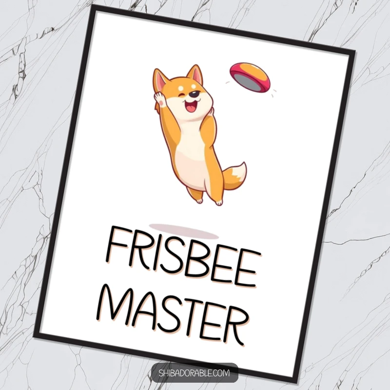 Funny Shiba Inu Digital Art Print: High-quality artwork capturing an athletic dog with perked ears snatching a frisbee mid-air.