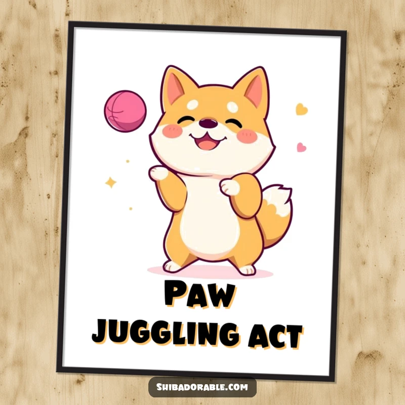 Funny Digital Art Print of a happy Shiba Inu dog juggling a ball, perfect for immediate humorous decor.