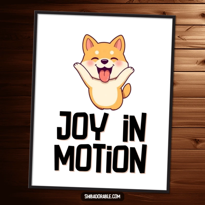 Funny Shiba Inu dog leaping with tongue out, ears flopping joyfully, a downloadable high-resolution digital artwork.
