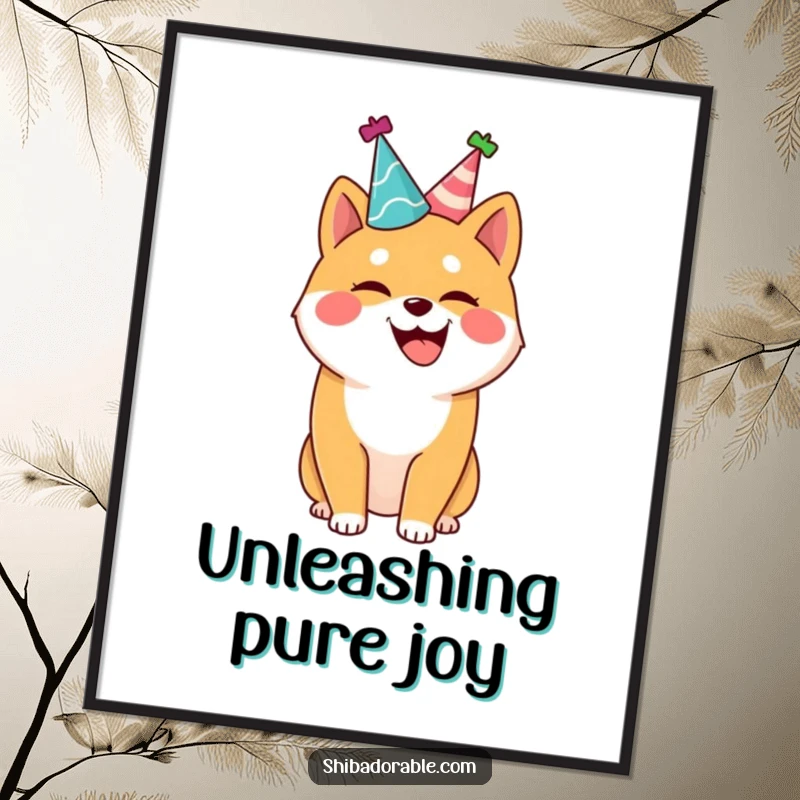 Funny Shiba Inu digital art print, a joyful dog in a party hat, wagging its tail, festive and humorous wall decor.