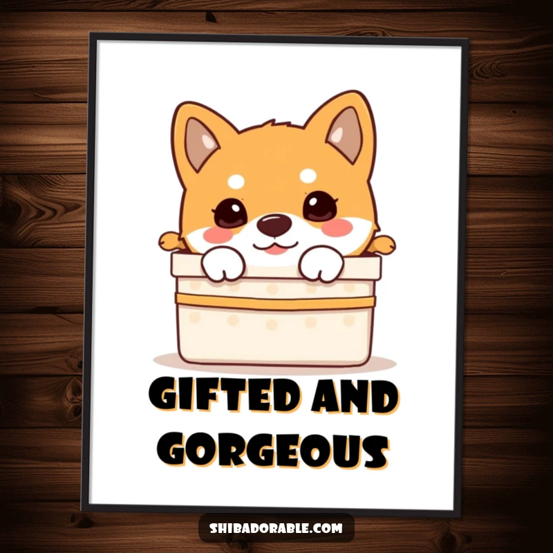 Funny Shiba Inu puppy peeking curiously from a gift box, as a high-resolution digital art print.