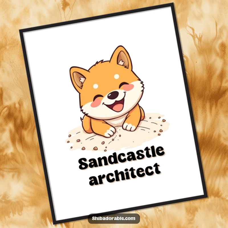 Funny Shiba Inu Digital Art Print: High-quality artwork of a smiling dog digging with enthusiasm in soft beach sand.