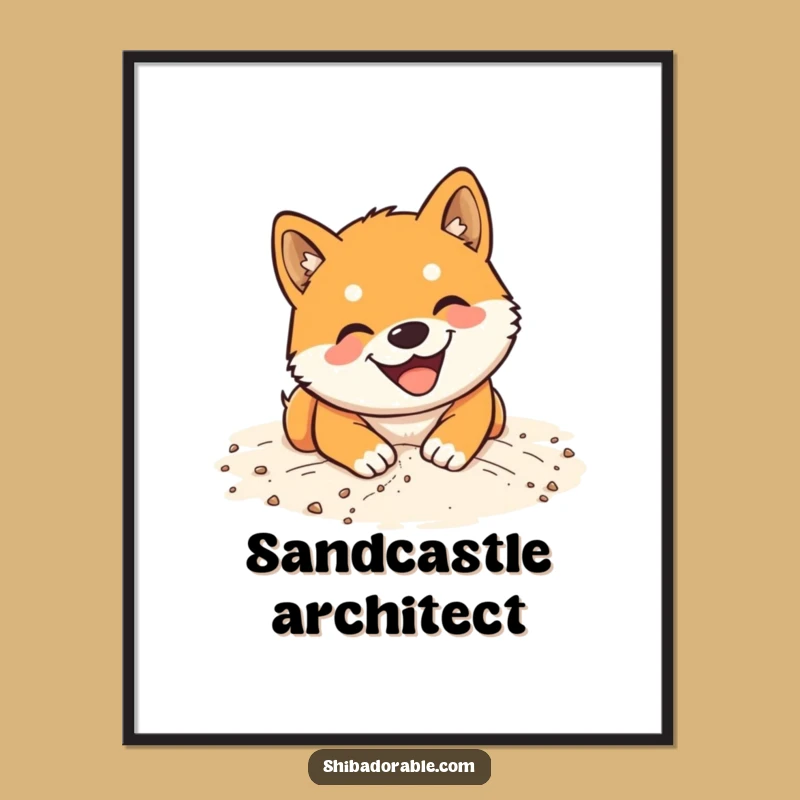 Funny Shiba Inu Sand Digging Digital Print: Beach Dog Wall Art