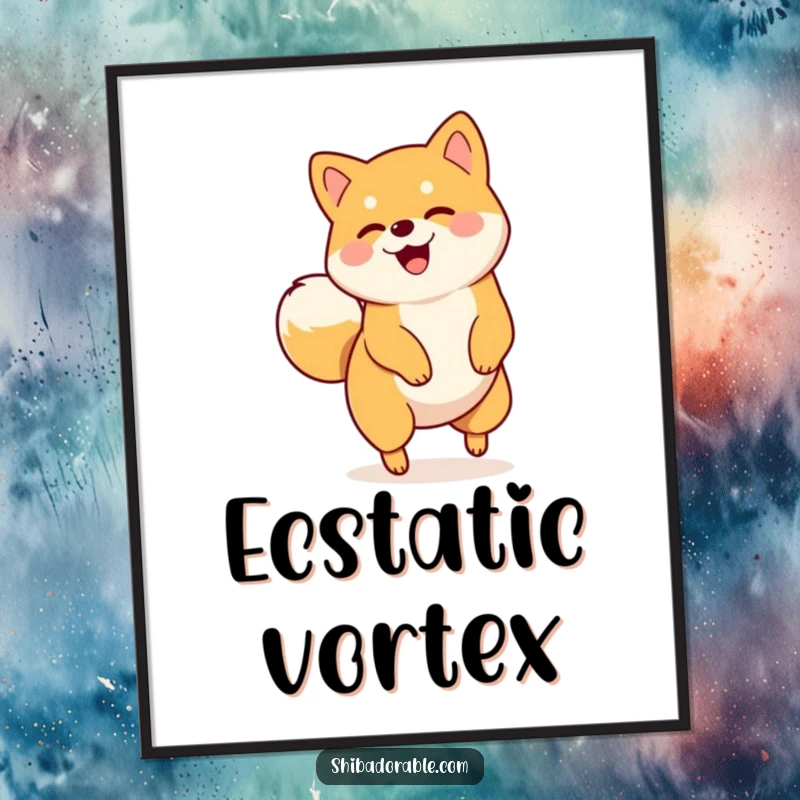 Funny digital art print of a Shiba Inu spinning in a circle with its tail wagging, ready to print and frame.