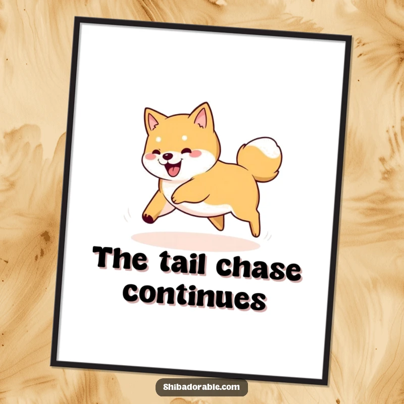 Funny Shiba Inu dog spinning in a circle, playfully chasing its tail, as a high-resolution digital art print.