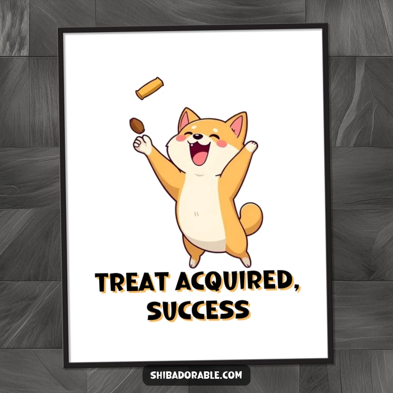 Funny Shiba Inu dog leaping to catch a flying treat, as a high-resolution digital art print for instant decor.