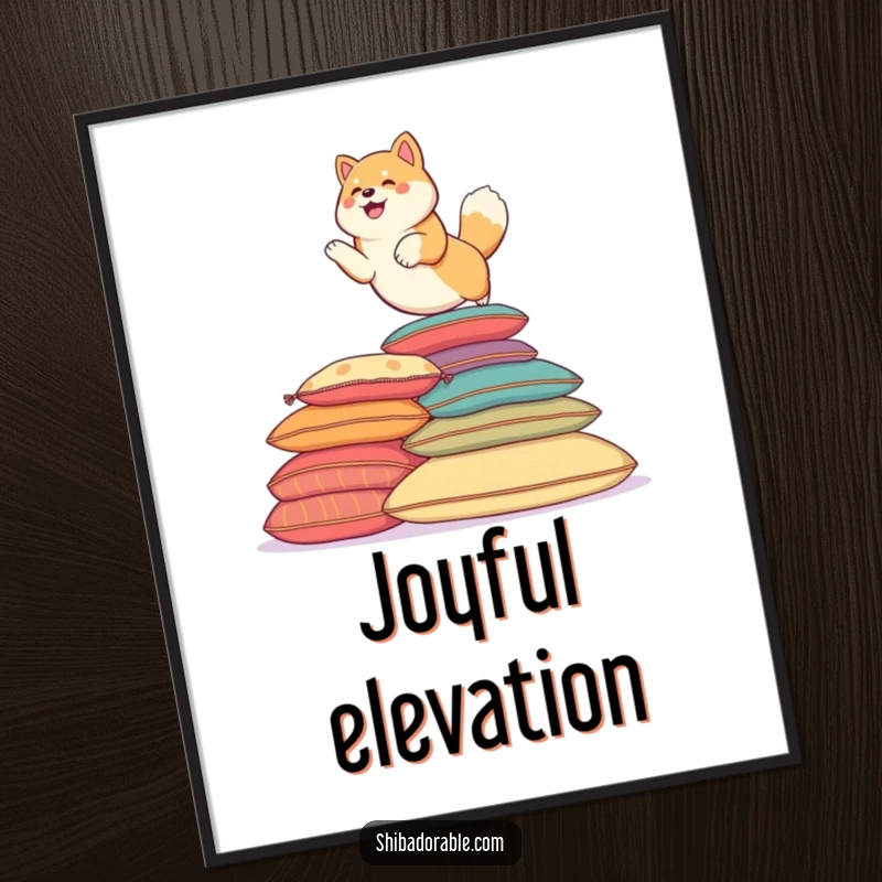 Funny Shiba Inu dog playfully leaping over colorful cushions. A digital artwork.