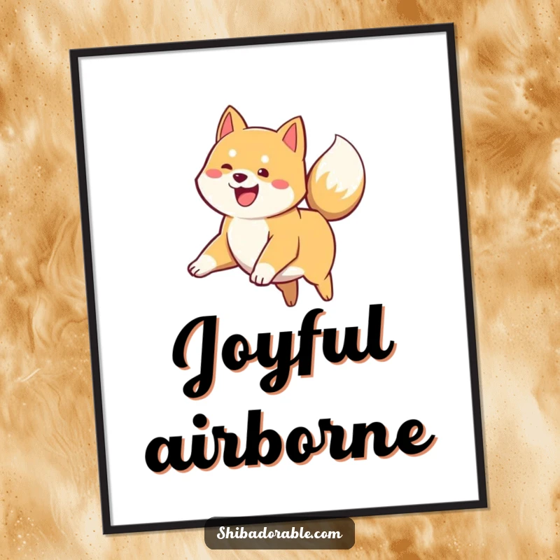 Funny Shiba Inu Digital Art Print: A happy Shiba Inu puppy leaps joyfully, its tail wagging, an illustration of pure excitement.